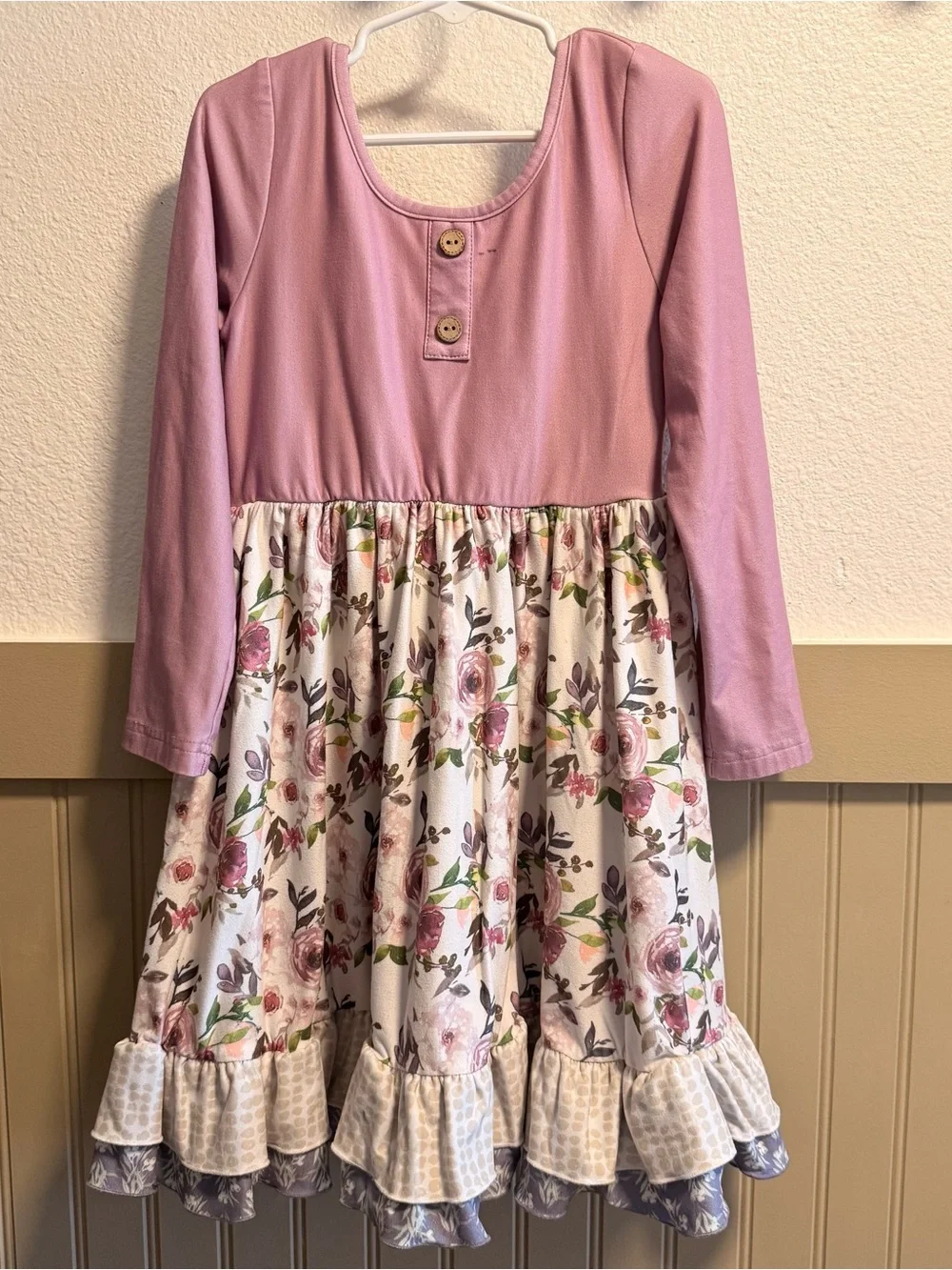 Cheeky Plum Girls' Pink Floral Long-Sleeve Ruffle Dress